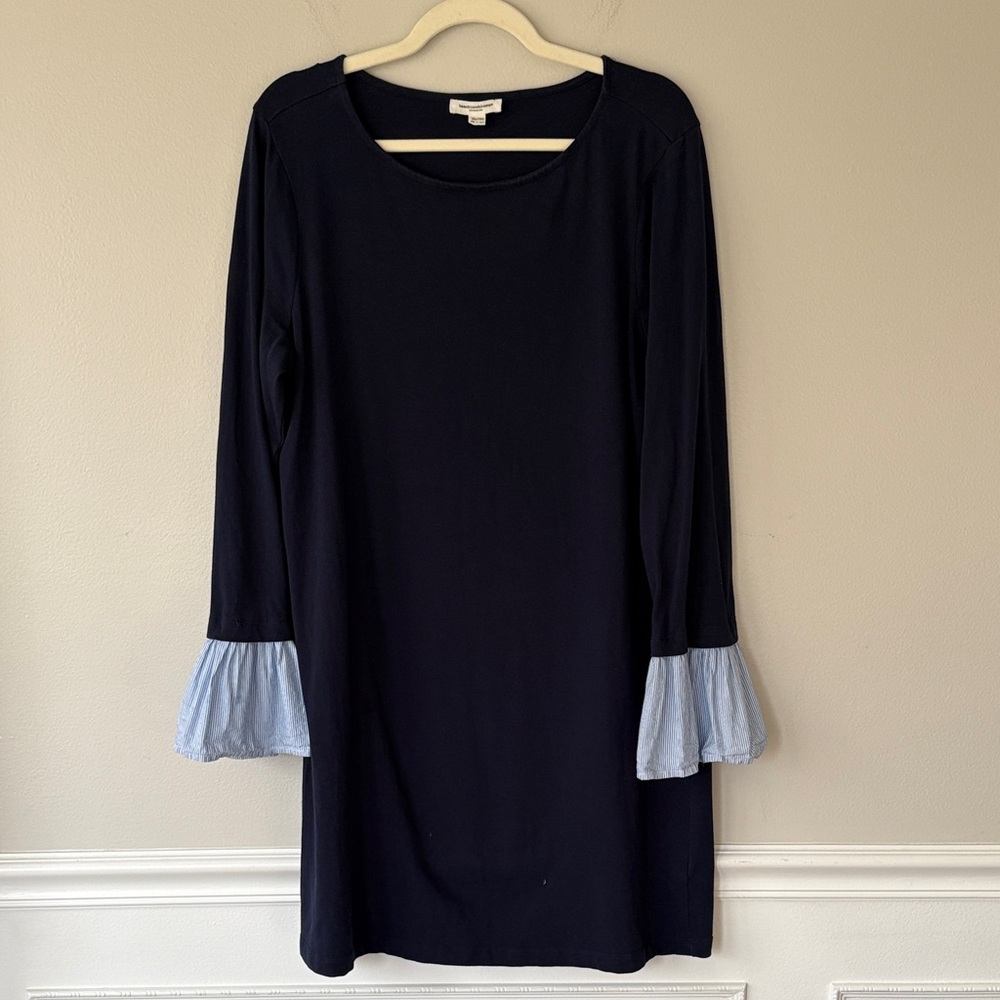 beachlunchlounge Navy Long Sleeve Dress with Light Blue Ruffle Cuffs 100% Cotton